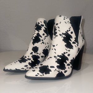 Qupid Suede Cow Print Black and Ivory Heeled Booties